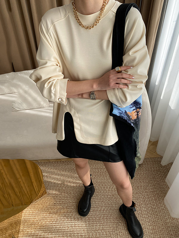 Cropped Loose Split-Side Solid Color Round-Neck T-Shirts Tops