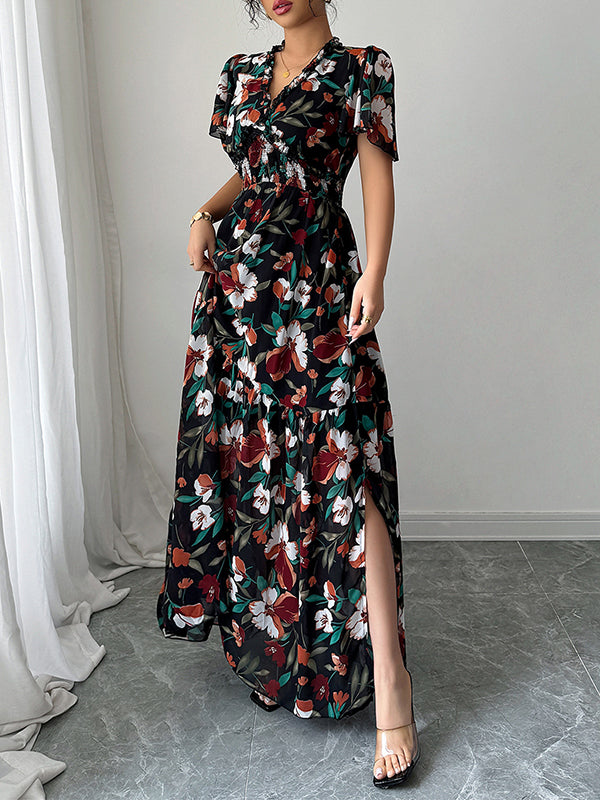 Contrast Color Elasticity Flower Print Pleated A-Line Loose V-Neck Maxi Dresses