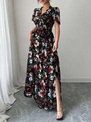 Contrast Color Elasticity Flower Print Pleated A-Line Loose V-Neck Maxi Dresses
