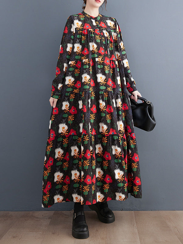 Buttoned Flower Print Split-Joint A-line Long Sleeves Round-neck Midi Dresses