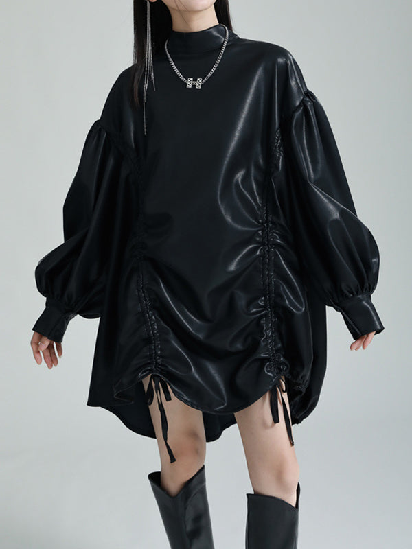 Drawstring Pleated Solid Color High-Low Long Sleeves Stand Collar Mini Dresses
