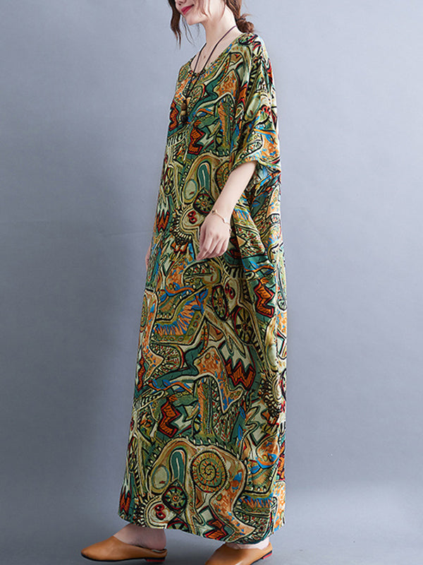 Original Artistic Retro Loose Printed Contrast Color Midi Dress