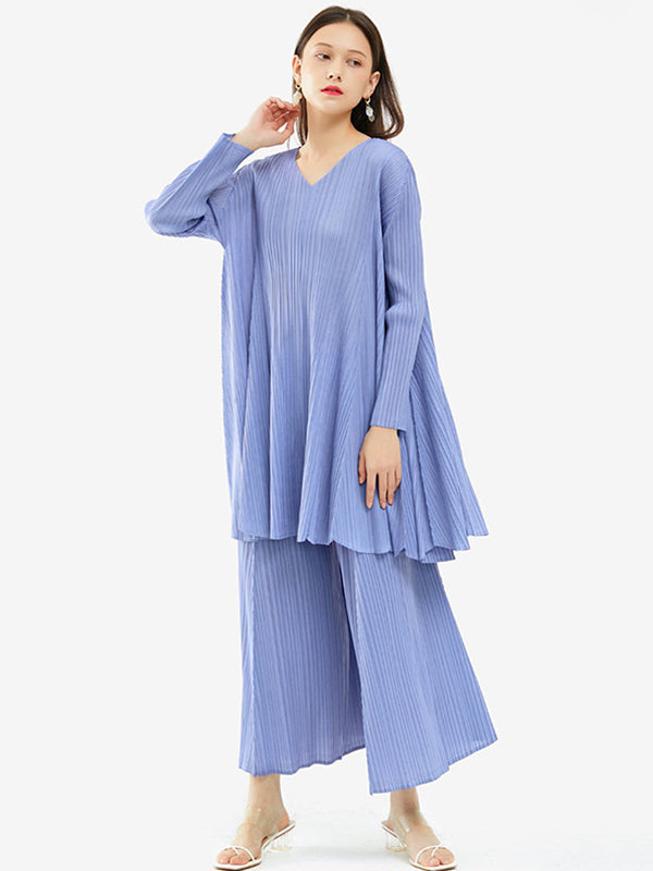 Urban Pleated Solid Color V-Neck Long Sleeves T-Shirt&Flared Pantstwo Pieces Set