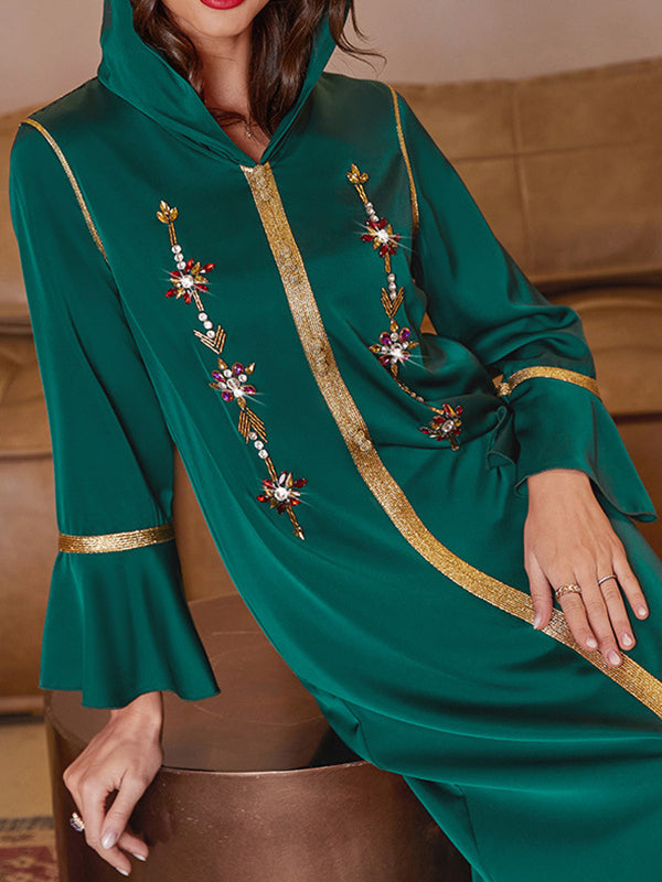 Rhine Stones Split-Front A-Line Flared Sleeves V-Neck Maxi Dresses