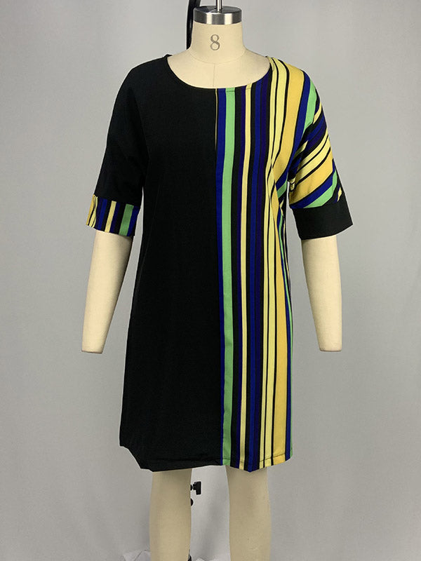Asymmetric Contrast Color Striped A-line Half Sleeves Round-neck Mini Dresses