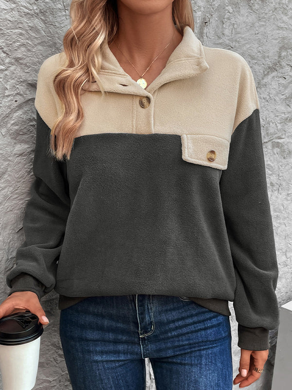 Buttoned Contrast Color Split-Joint Velvet Long Sleeves Loose Stand Collar Sweatshirt Tops