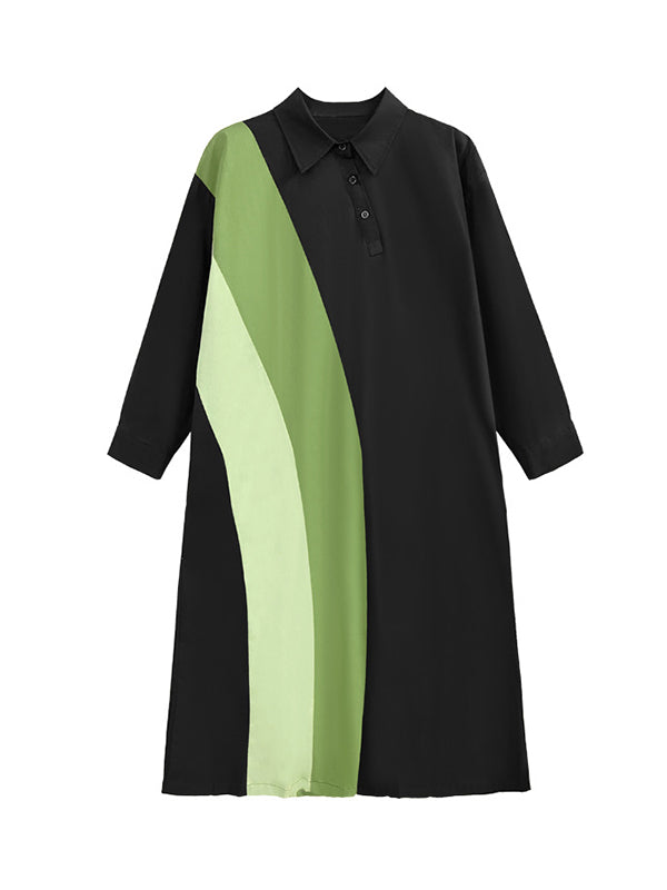 Asymmetric Buttoned Contrast Color Split-Joint Long Sleeves Loose Lapel Shirt Dress Midi Dresses