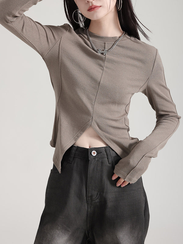 Solid Color Split-front Long Sleeves Skinny Round-neck T-Shirts Tops