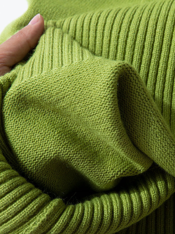 Casual Long Sleeves Loose Solid Color High-Neck Sweater Tops