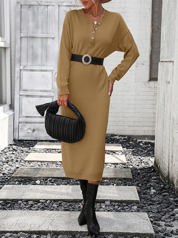 Buttoned Split-Joint Long Sleeves Loose Round-Neck Sweater Dresses Midi Dresses