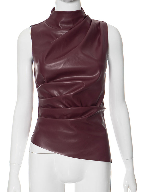 Asymmetric Pleated Solid Color Skinny Sleeveless Mock Neck Vest Top