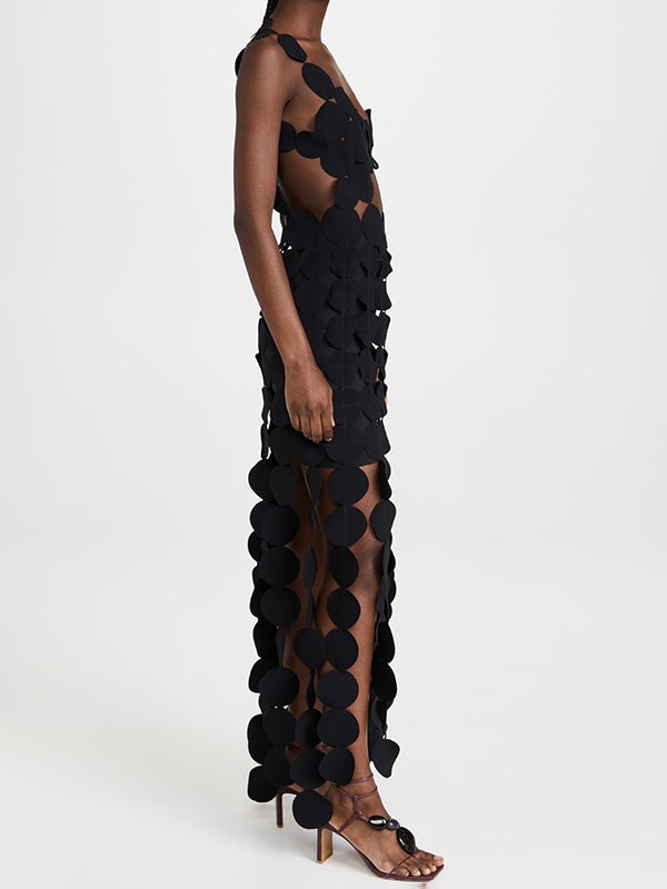 Backless Hollow Polka-Dot Solid Color Split-Joint Loose Sleeveless Round-neck Maxi Dresses