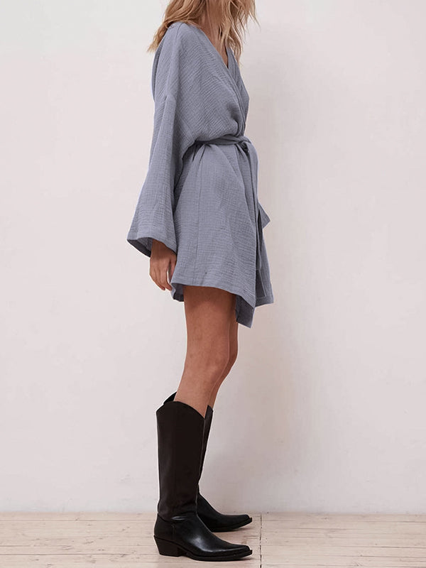 Ribbed Solid Color Long Sleeves Loose V-Neck Robes Pajamas