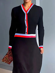 Buttoned Contrast Color A-Line Long Sleeves V-Neck Maxi Dresses