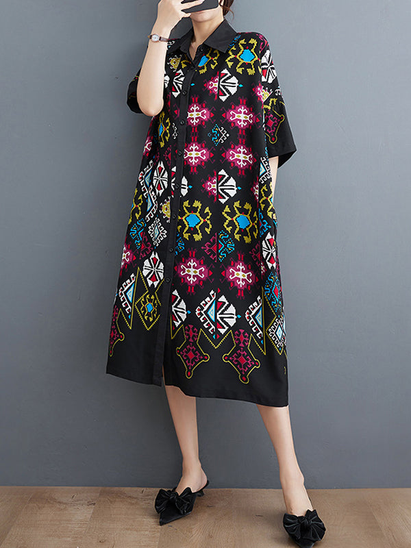 Ethnic Printed Loose Short Sleeves Lapel Midi Dresses