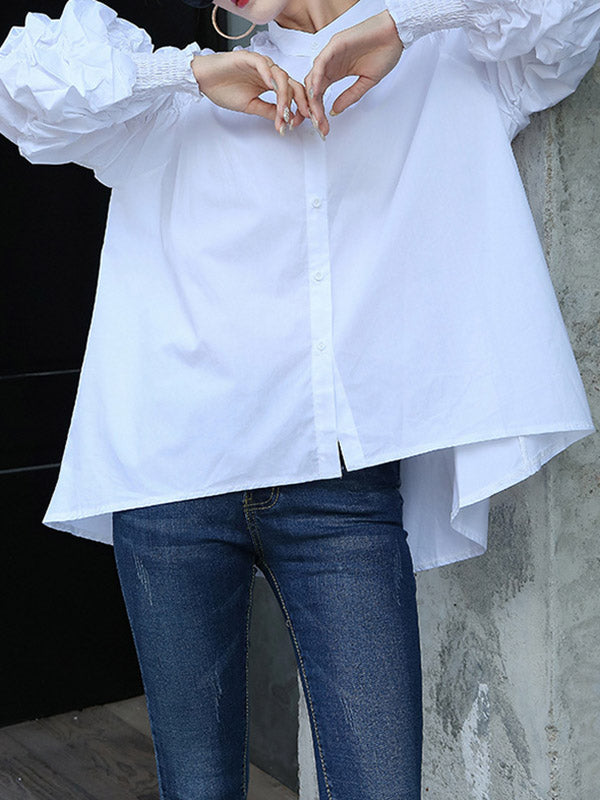 Elasticity Pleated Solid Color Split-Joint High-Low Long Sleeves Round-Neck Blouses