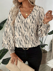 Printed Split-Joint Loose Puff Sleeves V-Neck Blouses&Shirts Tops