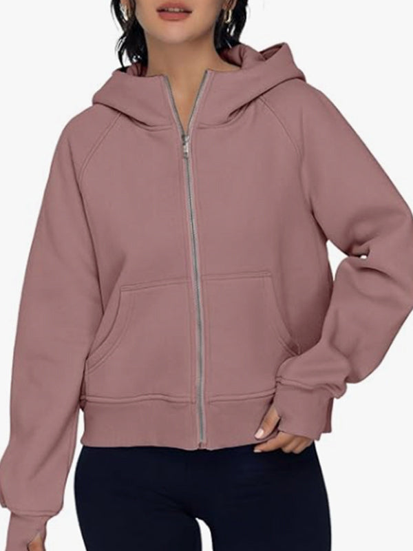 Pockets Solid Color Zipper Hooded Long Sleeves Outerwear Jackets