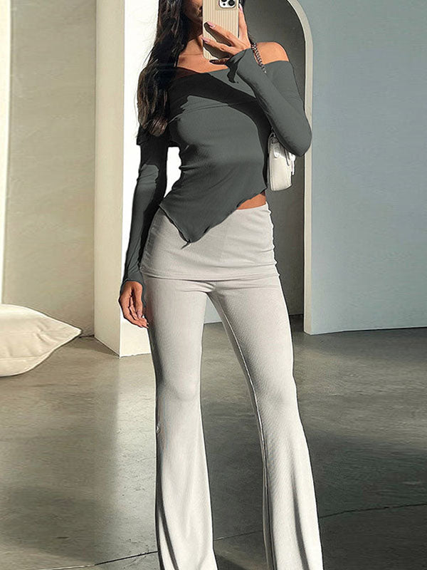 Solid Color Irregular Clipping Long Sleeves Off-The-Shoulder T-Shirts