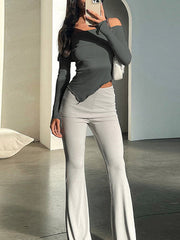 Solid Color Irregular Clipping Long Sleeves Off-The-Shoulder T-Shirts
