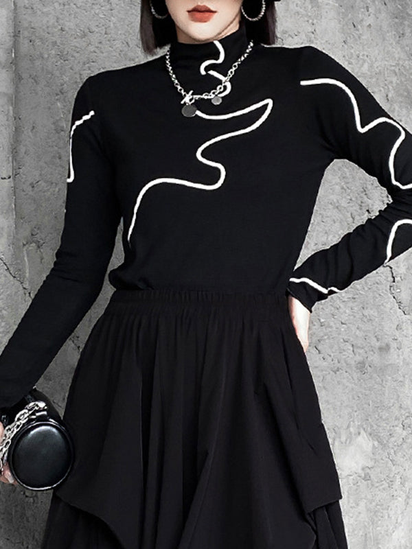 Printed Long Sleeves Skinny Mock Neck T-Shirts Tops