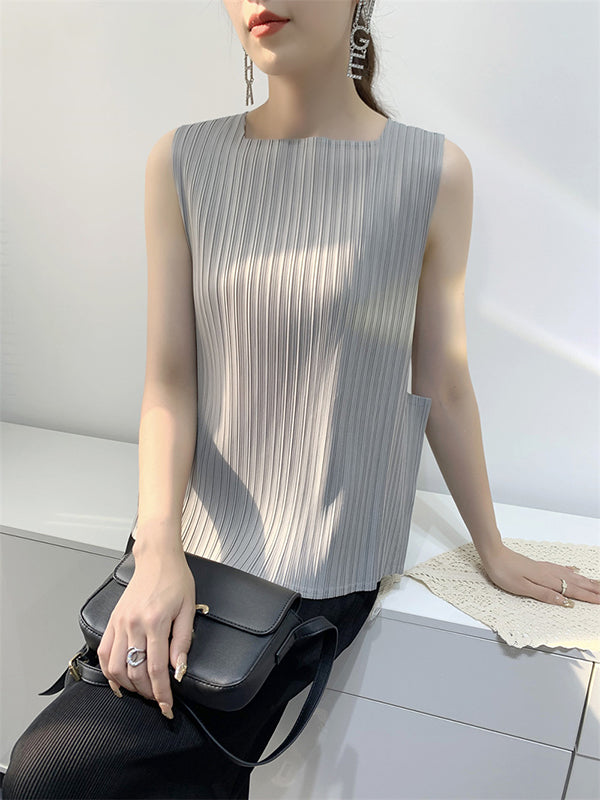 Pleated Solid Color Split-Joint Loose Sleeveless Square-Neck Vest Top