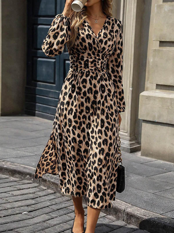 Contrast Color Leopard Pleated Split-Joint Elasticated Waist High Waisted V-Neck Maxi Dresses