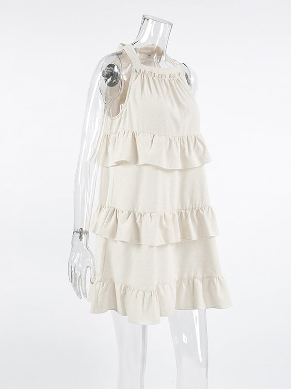 Ruffle Trim Solid Color Tied Zipper A-line Loose Spaghetti-Neck Mini Dresses