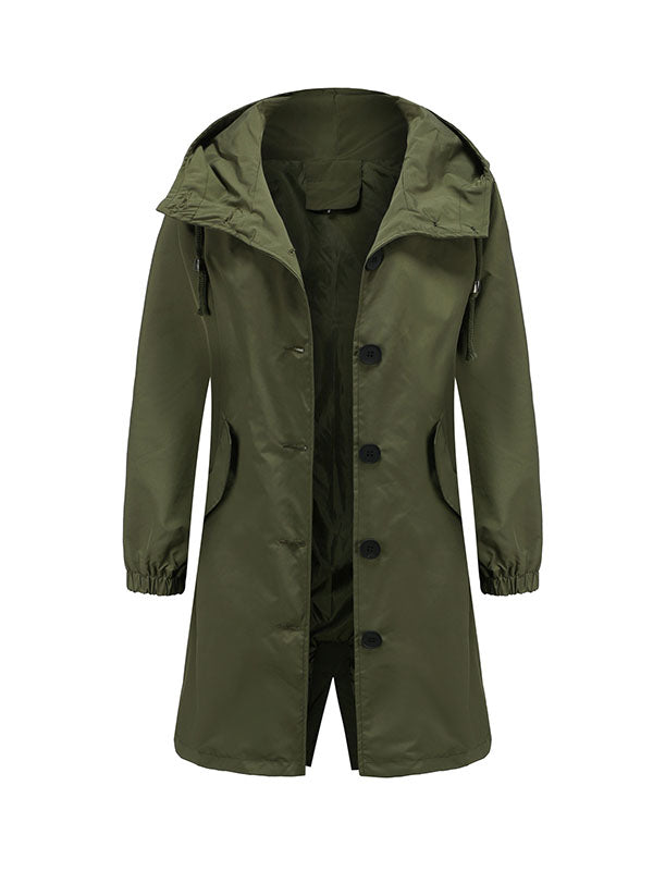 Buttoned Drawstring Elasticity Hooded Pockets Split-Back Waterproof Long Sleeves Loose High-Neck Trench Coats