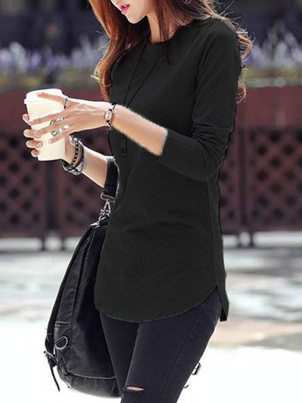 Solid Color Long Sleeves Round-Neck T-Shirts Tops