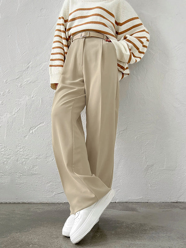 No Belt Solid Color High Waisted Loose Trousers Suit Pants