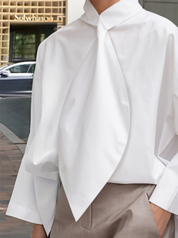 Solid Color Tied Long Sleeves Loose Stand Collar Blouses&Shirts Tops