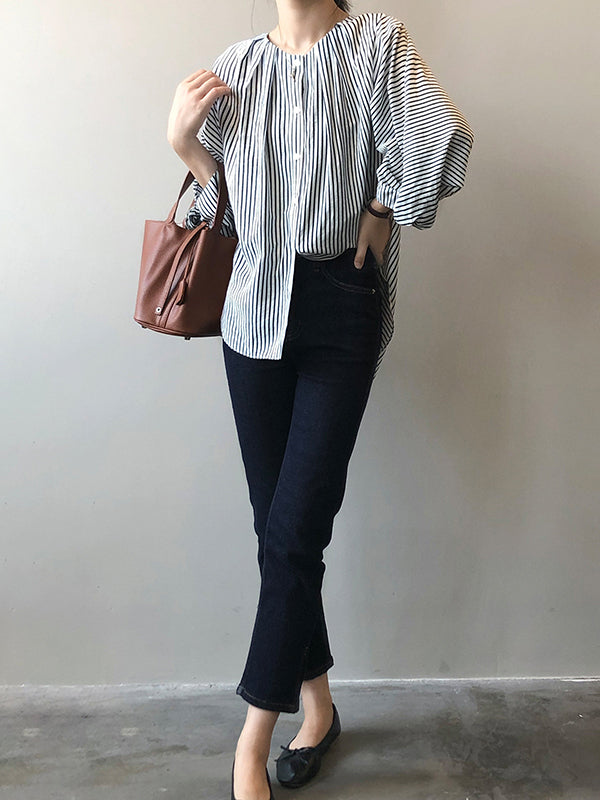 Trendy Tops Three-Quarter Sleeves Batwing Sleeves Striped Round-Neck Blouses