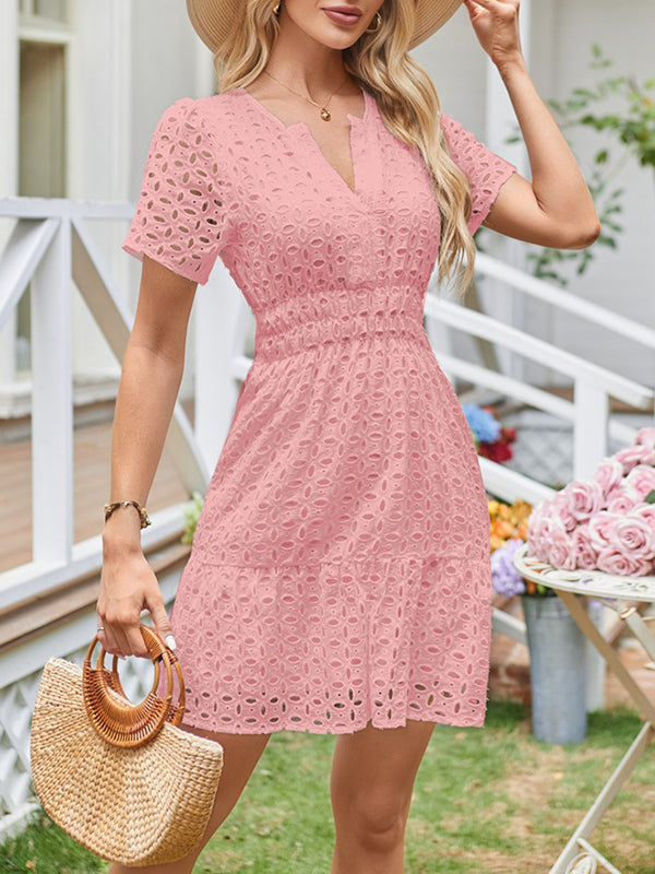 Elasticity Hollow Pleated Solid Color Split-Joint A-Line Loose V-Neck Mini Dresses