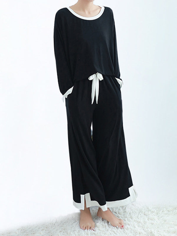 Contrast Color Long Sleeves Loose Round-neck Two Pieces Pajama Set