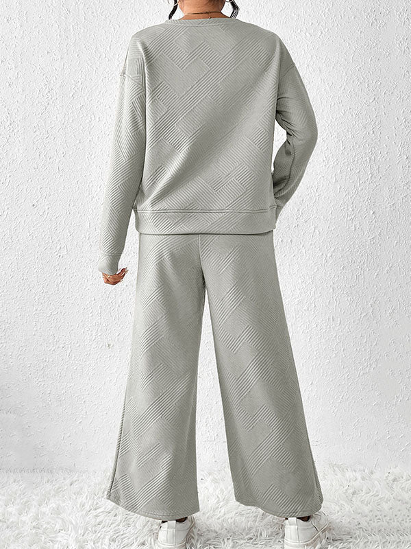 Round-Neck Long Sleeves Loose Solid Color Shirts Top + Drawstring Pants Bottom Two Pieces Set