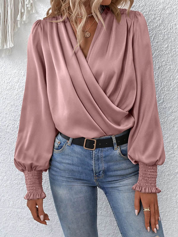 Elasticity Solid Color Long Sleeves Loose V-Neck Blouses&Shirts Tops