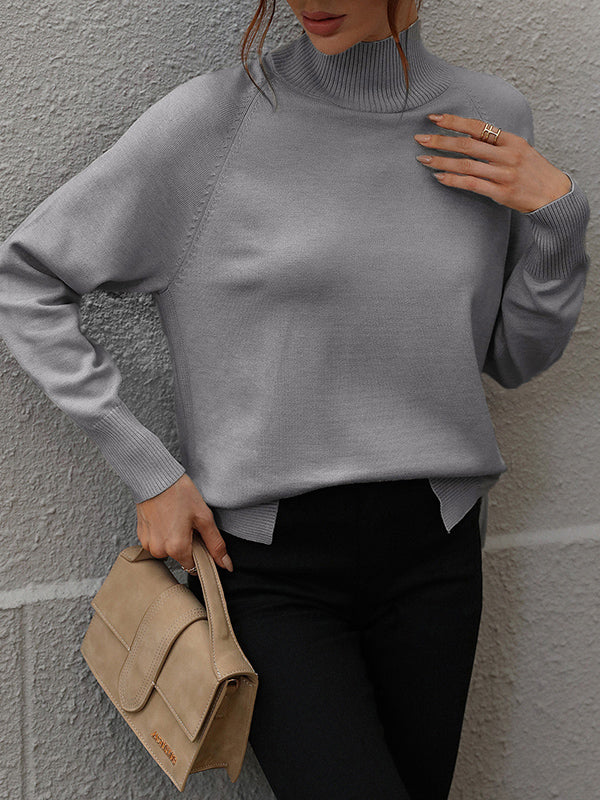 Solid Color Split-Side High-Low Long Sleeves High Neck Sweater Tops Pullovers