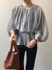 Trendy Tops Three-Quarter Sleeves Batwing Sleeves Striped Round-Neck Blouses