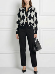 Buttoned Plaid Long Sleeves Round-Neck Cardigan Tops
