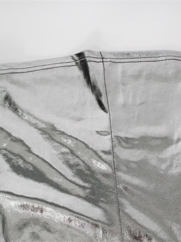 Shiny Solid Color Split-Joint Sleeveless Spaghetti-Neck Maxi Dresses