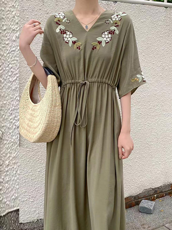 Drawstring Embroidered Split-Joint Half Sleeves Loose V-Neck Maxi Dresses