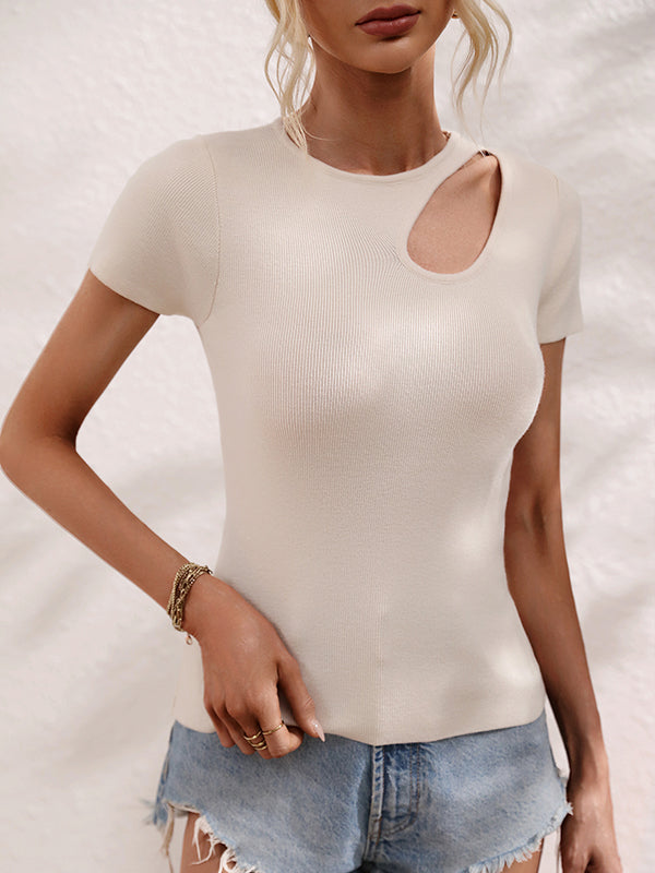Asymmetric Hollow Solid Color Loose Short Sleeves Round-Neck T-Shirts Tops