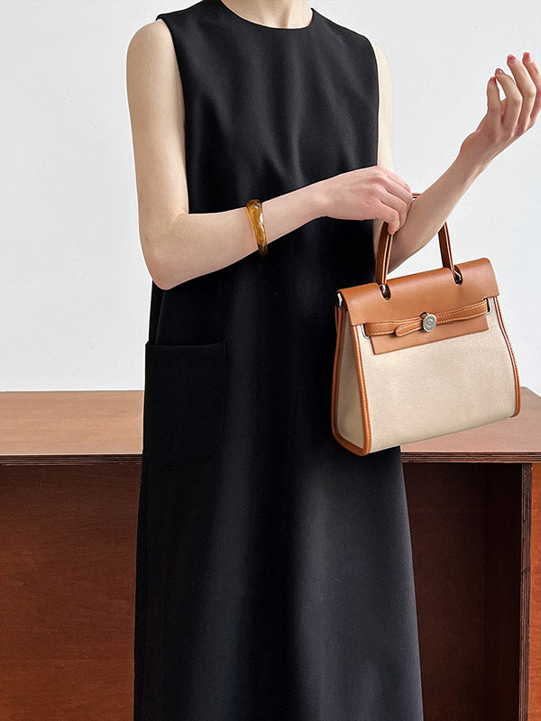 Pockets Solid Color Split-Back Zipper High Waisted Loose Round-Neck Midi Dresses