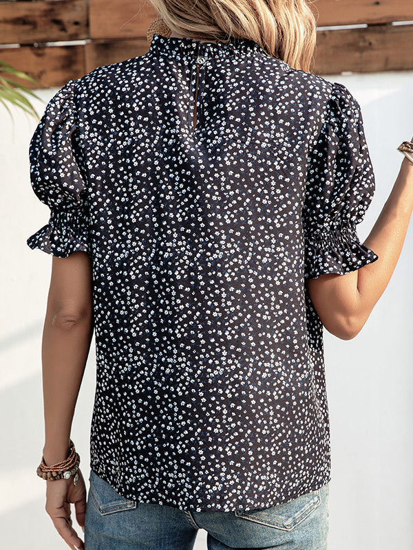 Elastics Floral Printed Split-Joint Bishop Sleeve Stand Collar Blouses&Shirts Tops