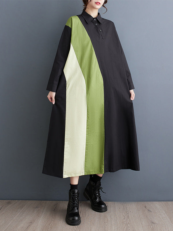 Asymmetric Buttoned Contrast Color Long Sleeves Loose Lapel Midi Dresses