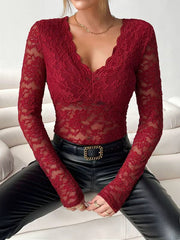 See-Through Solid Color Long Sleeves Skinny Deep V-Neck T-Shirts