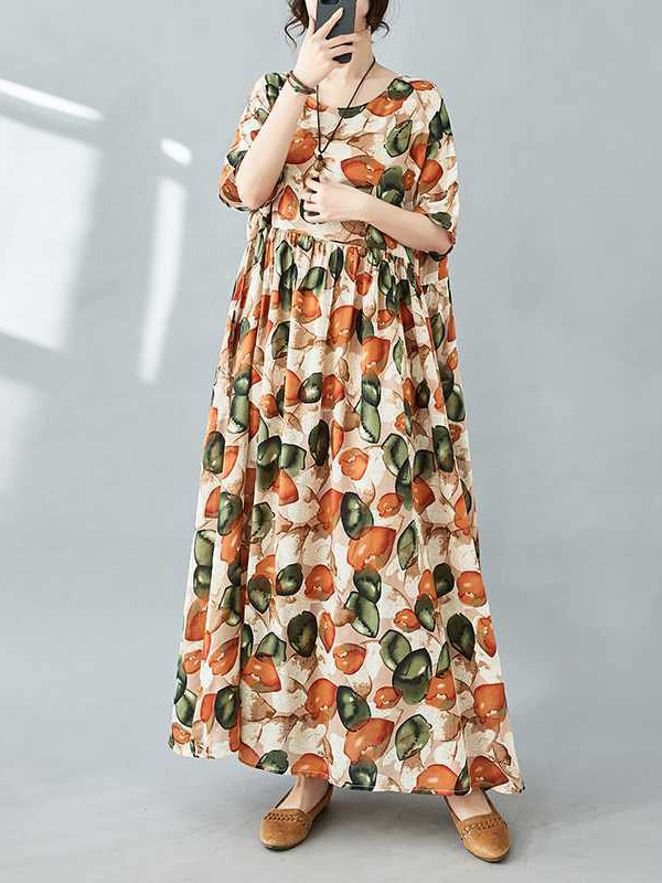 Pleated Printed Split-Joint Half Sleeves Loose Round-Neck Midi Dresses