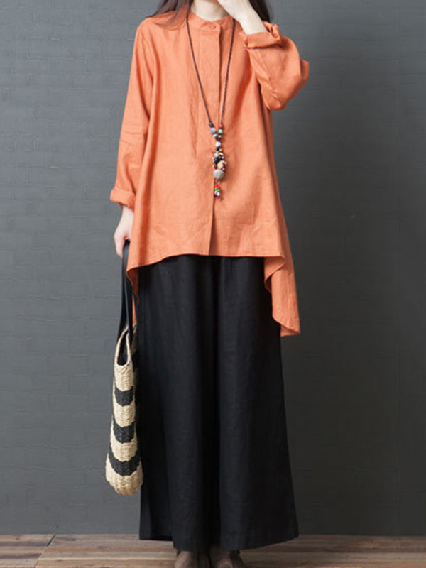 Linen Solid Color Round-Neck Puff Sleeve Blouse Tops