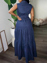 High Waisted Loose Buttoned Elasticity Pleated Pockets Solid Color Lapel Maxi Dresses